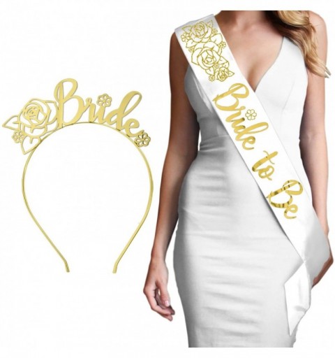 Headbands Modern Silver Bride Mageta Headband - Bride to Be - Gold Floral (White Sash - Gold Floral Headband) - C918SLENQIL $...