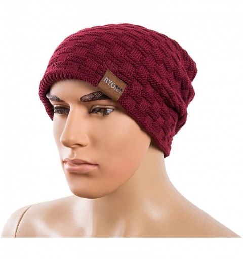 Skullies & Beanies Beanie Hat for Men and Women Fleece Lined Winter Warm Hats Knit Slouchy Thick Skull Cap - Wine Red2 - CI18...
