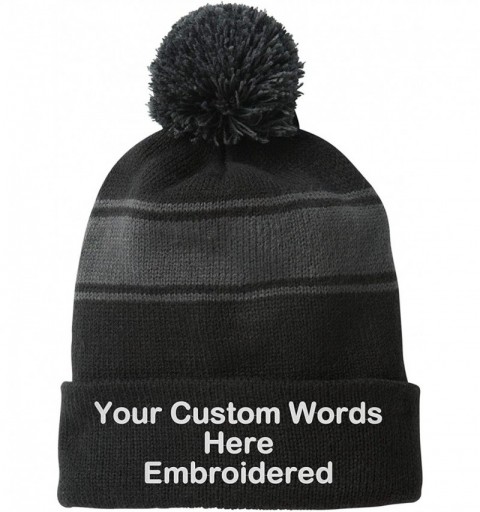 Skullies & Beanies Customize Your Beanie Personalized with Your Own Text Embroidered - Stripe Pom Pom Black/Iron Grey - C118L...