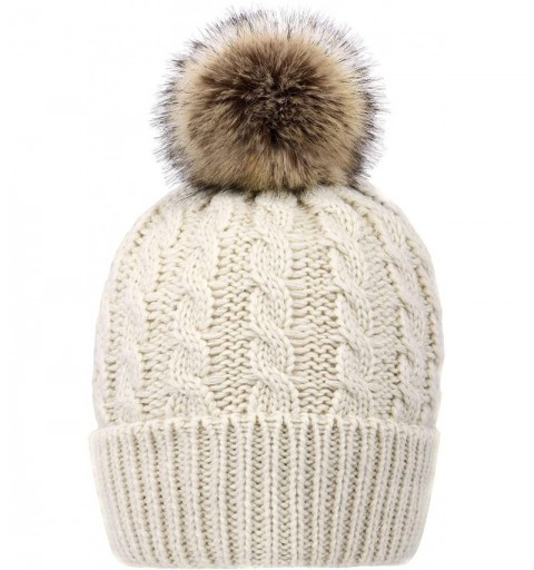 Skullies & Beanies Women's Winter Soft Knit Beanie Hat with Faux Fur Pom Pom - Fleece Lined_beige - CS18S6TLDIX $16.42
