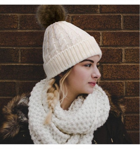 Skullies & Beanies Women's Winter Soft Knit Beanie Hat with Faux Fur Pom Pom - Fleece Lined_beige - CS18S6TLDIX $16.42