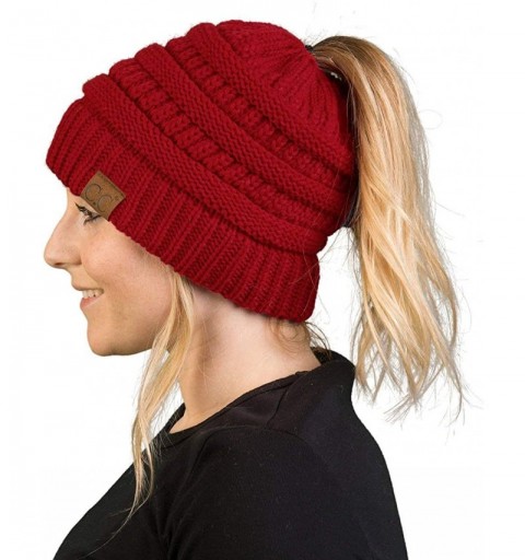 Skullies & Beanies Ponytail Messy Bun BeanieTail Women's Beanie Solid Ribbed Hat Cap (Red) - CI18ZL65K0I $16.37