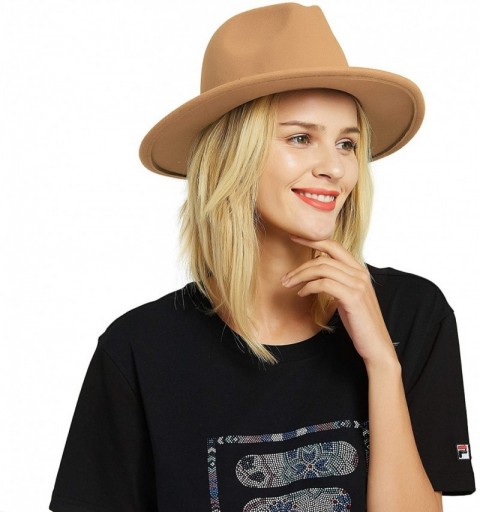 Fedoras Womens Felt Fedora Hat- Wide Brim Panama Cowboy Hat Floppy Sun Hat for Beach Church - Camel - CV18U90IRHX $14.98