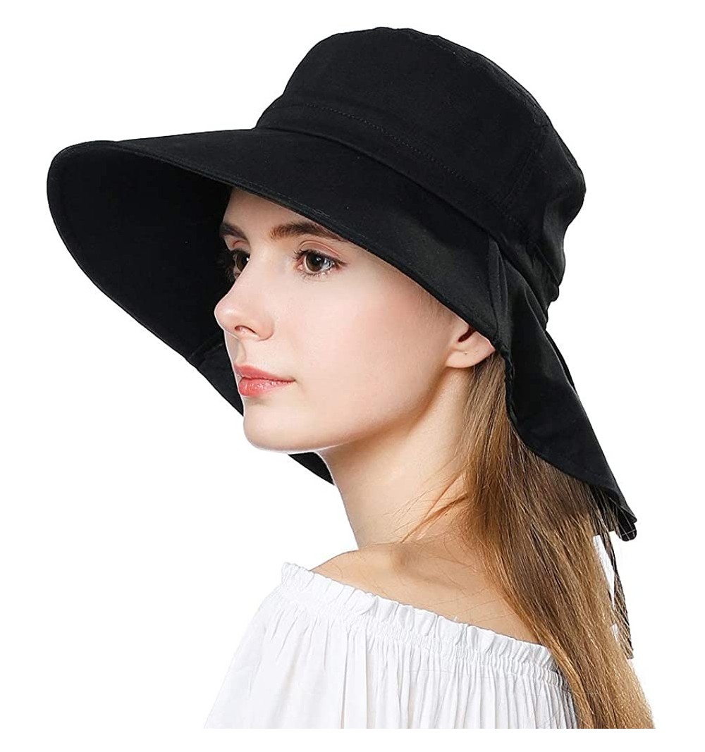 Sun Hats Packable Wide Brim Gardening Summer Sun Hat for Large Head Women Uv Protection Chin Strap Black 59-60cm - CO18SQ97H9...