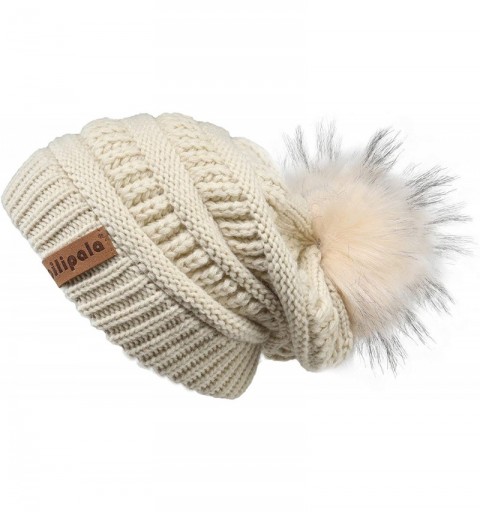 Skullies & Beanies Womens Winter Knit Beanie Hat Slouchy Warm Pom Pom Hat Faux Fur Caps for Women Ladies Girls - Beige-beige ...