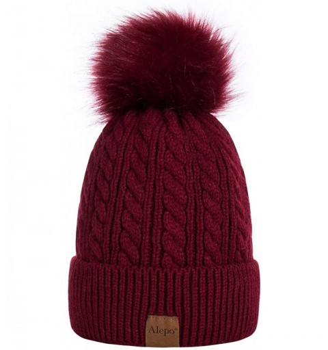 Skullies & Beanies Womens Winter Beanie Hat- Warm Fleece Lined Knitted Soft Ski Cuff Cap with Pom Pom - Burgundy - CR18X5OEY8...