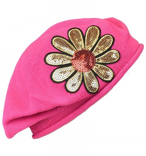 Berets Cotton Ladies Beret with Large Gold & Red Flower - Hot Pink - CA185O6UIQ8 $22.88
