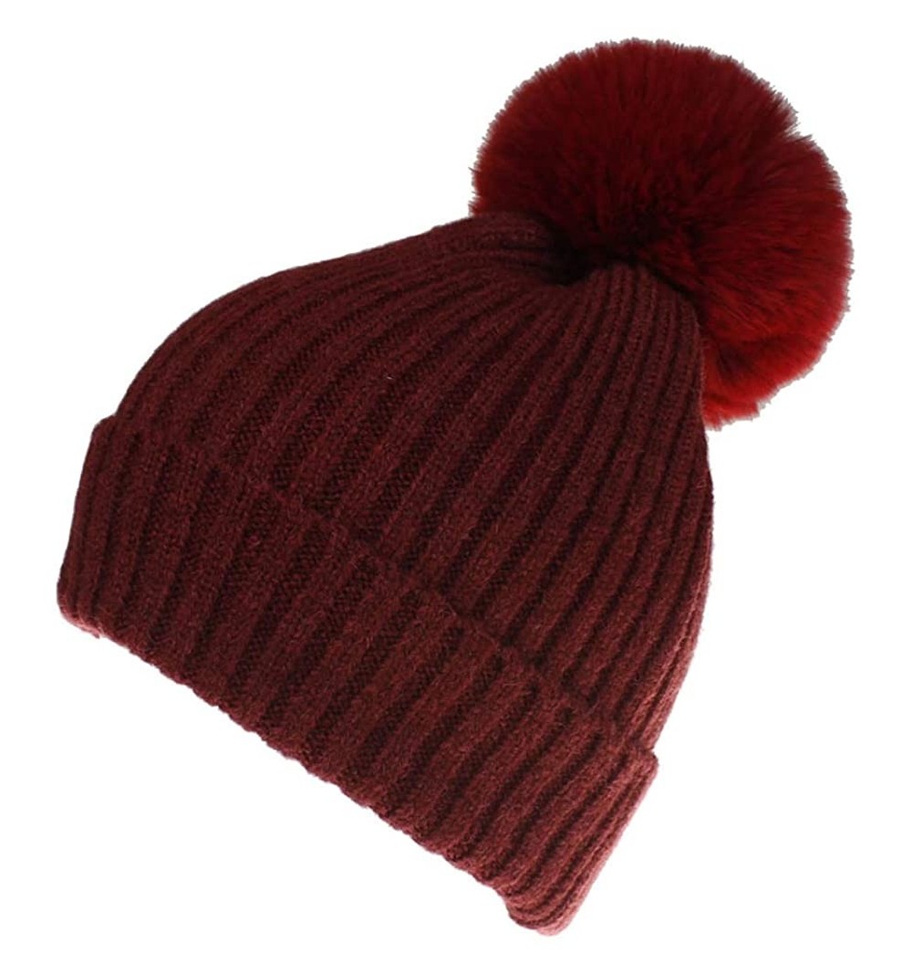 Skullies & Beanies Women Winter Knit-Beanie-Hats with Pom - Wine_red - C818L5G5QNS $11.28
