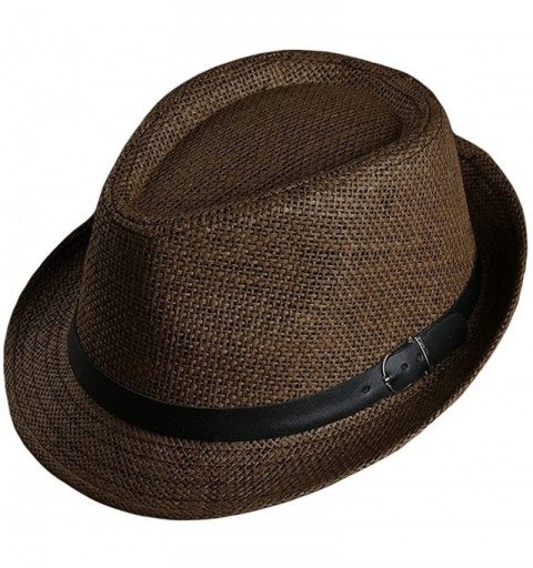 Fedoras Men Women Straw Trilby Hat Fedora Short Upturn Brim FFH391BE1 - Ffh392 Brown (Belt Decoration) - C0187HRAO8W $26.49
