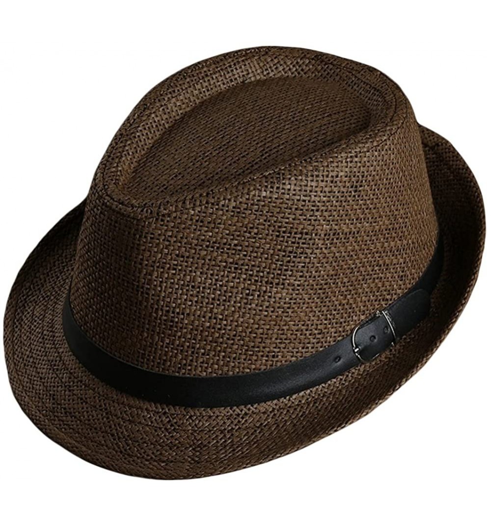 Fedoras Men Women Straw Trilby Hat Fedora Short Upturn Brim FFH391BE1 - Ffh392 Brown (Belt Decoration) - C0187HRAO8W $17.78
