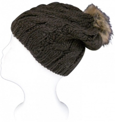 Skullies & Beanies Womens Warm and Stylish Ultra Soft Cable Knit Faux Fur Pompom Beanie Hat with Fleece Lining - Brown - CC12...