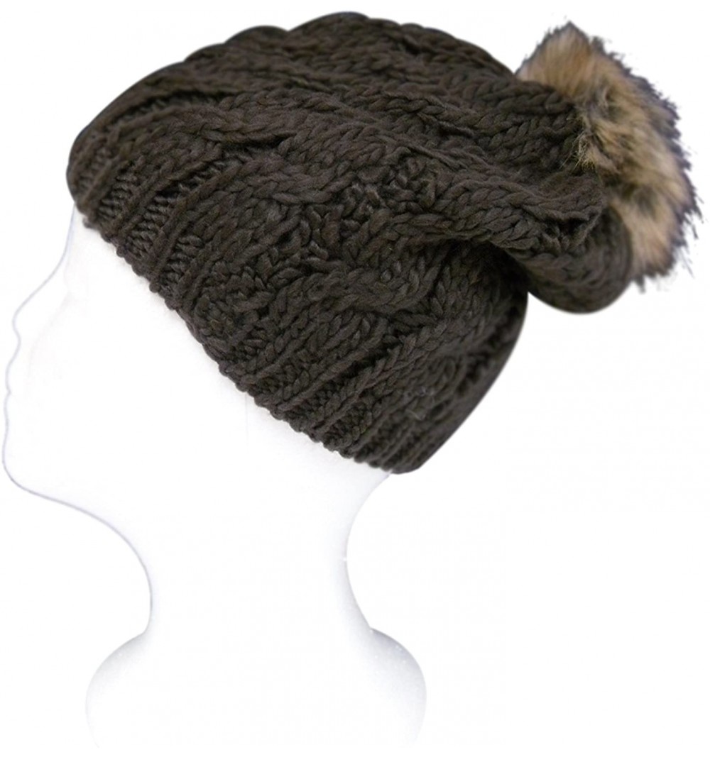 Skullies & Beanies Womens Warm and Stylish Ultra Soft Cable Knit Faux Fur Pompom Beanie Hat with Fleece Lining - Brown - CC12...