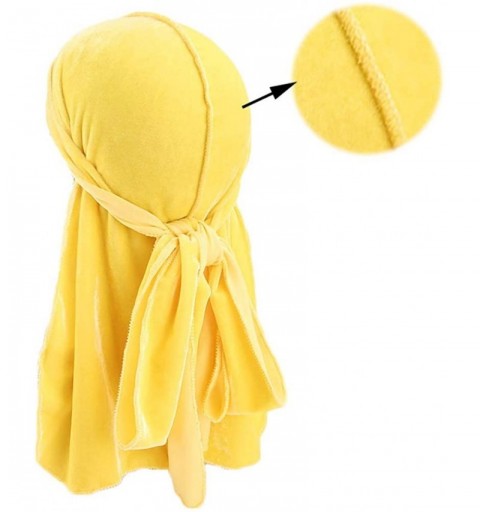 Skullies & Beanies Men's Soft Velvet Long Tail Wide Straps Durag Solid Color Cap Turban Headwrap - Yellow - CU18GRW30XZ $10.21