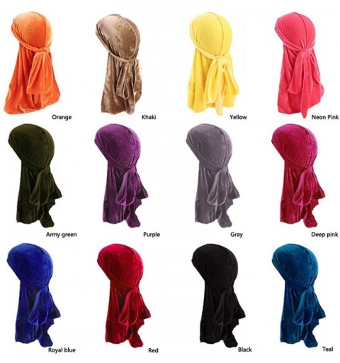 Skullies & Beanies Men's Soft Velvet Long Tail Wide Straps Durag Solid Color Cap Turban Headwrap - Yellow - CU18GRW30XZ $10.21