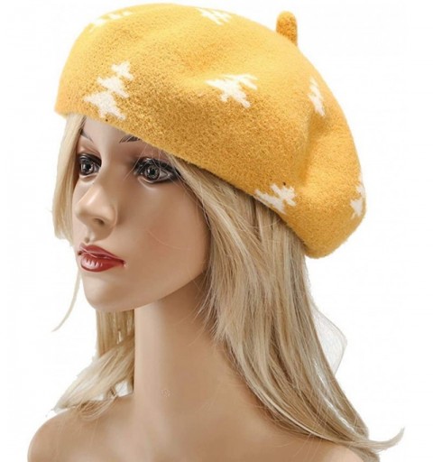 Berets Christmas Tree Pattern Wool Beret Hat Soft Knitted French Artist Hats Cute Winter Warm Caps - Yellow - C018AEI35CS $17.16