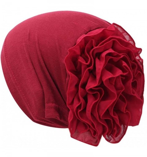 Skullies & Beanies Women Muslim Solid Flowers Cancer Chemo Hat Fashion Turban Headbands Hair Loss Wrap Cap - Wine - C2185U6UK...