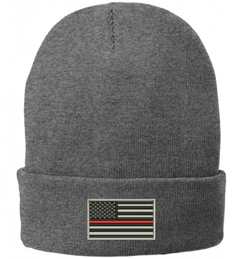 Skullies & Beanies US American Flag Thin Red Line Fire FD Embroidered Winter Folded Long Beanie - Grey - CO12N1Z1J3C $15.18