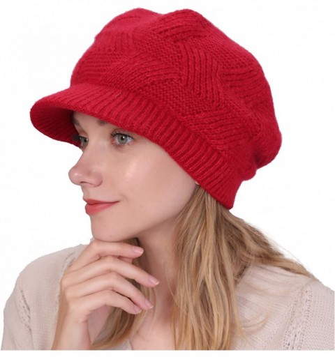 Skullies & Beanies Women Winter Warm Hat Slouchy Cable Knit Visor Crochet Beanie Hats Snow Ski Skull Cap with Brim Red - CB18...