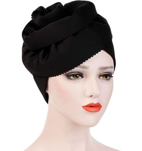 Skullies & Beanies Women Big Flower Silk Cotton Turban Beanies Headwear Satin Bonnet Head Wrap Chemo Hair Loss Cap Hat - Blac...