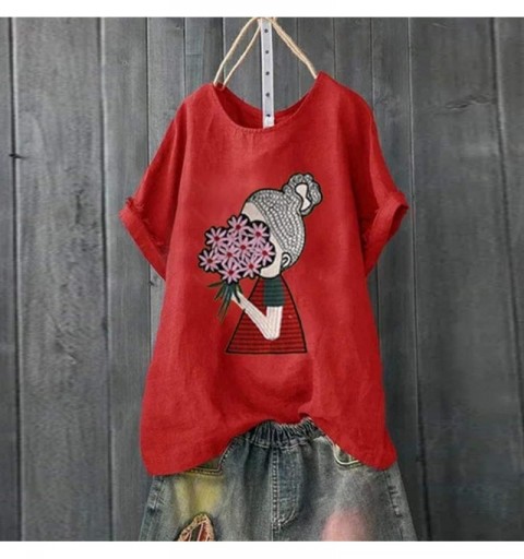 Berets Linen Shirts for Women Summer Plus Size Puppy Dog Print Loose Tunic Blouse Tops - Red - CT18TZAUECZ $9.58