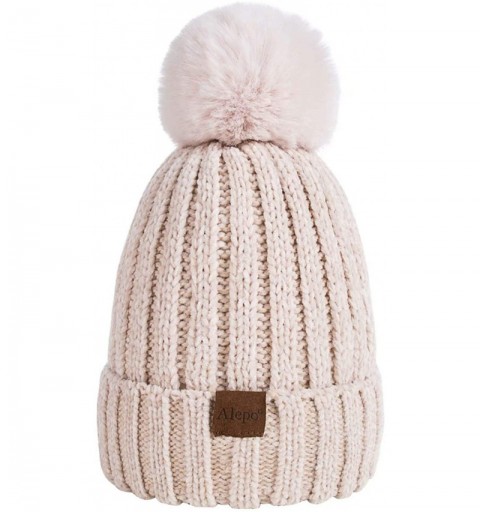 Skullies & Beanies Womens Winter Beanie Hat- Warm Fleece Lined Knitted Soft Ski Cuff Cap with Pom Pom - Chenille-oatmeal - CB...