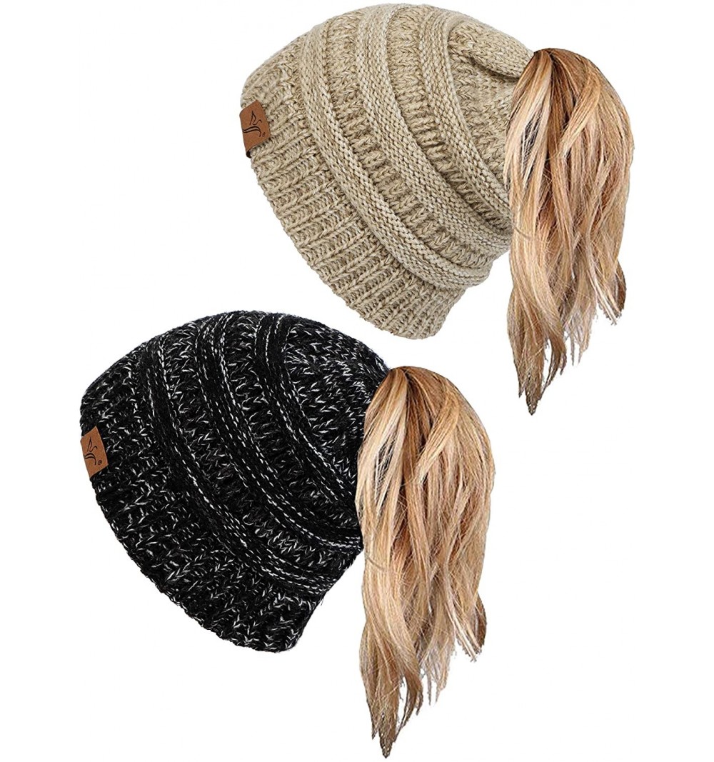 Skullies & Beanies Ponytail Messy Bun Beanie Tail Knit Hole Soft Stretch Cable Winter Hat for Women - CH18WZ9S4SW $22.01