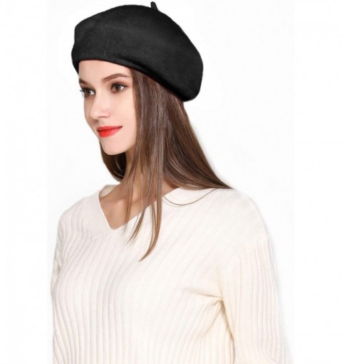 Berets Wool Beret Hat Solid Color French Artist Beret Skily Scarf Brooch - Black - CL1883RE33D $8.25