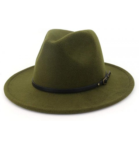 Fedoras Women's Classic Wide Brim Wool Fedora Panama Hat with Belt Buckle - Army Green - CA18NZIKGCC $15.86