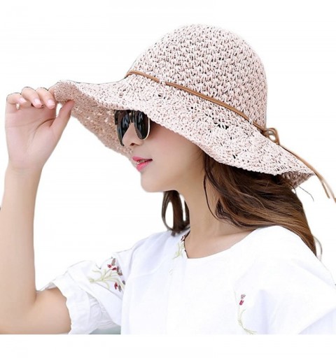 Sun Hats Women Floppy Hat Hollow Straw Hat Wide Brim Beach Hat Sun Hat can be Folded - Pink - CH183QS5Y75 $21.60