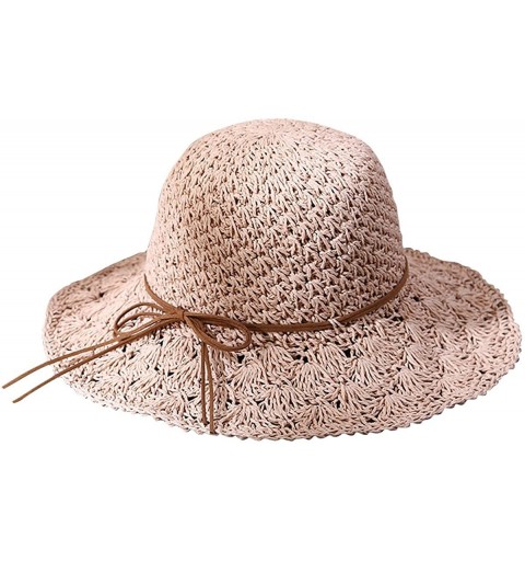 Sun Hats Women Floppy Hat Hollow Straw Hat Wide Brim Beach Hat Sun Hat can be Folded - Pink - CH183QS5Y75 $21.60