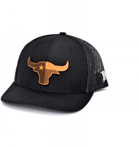 Baseball Caps Texas 'The Longhorn' Leather Patch Hat Curved Trucker - Black/Black - CK18IGS99H9 $24.35