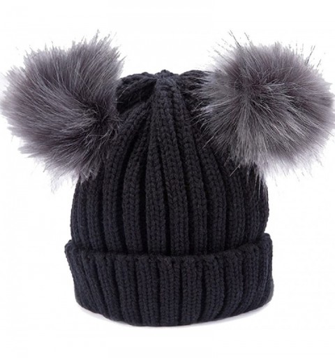 Cold Weather Headbands Women's Winter Knit Hat Crochet Ski Cap Pom Pom Ears Cold-proof Hat - 001-black - CF187EZTW66 $20.35
