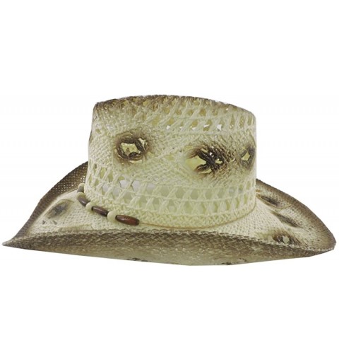 Cowboy Hats Silver Fever Fashionable Woven Straw Cowboy Hat with Cut-Outs and Beads - Beige - C512BWNO33P $19.91