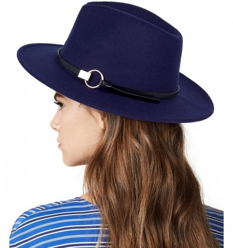 Fedoras Women Gold Belt Buckle Wool Felt Fedora Hat Winter Fashion Dress Panama Hat - Navy - CO18IE59WRW $12.91