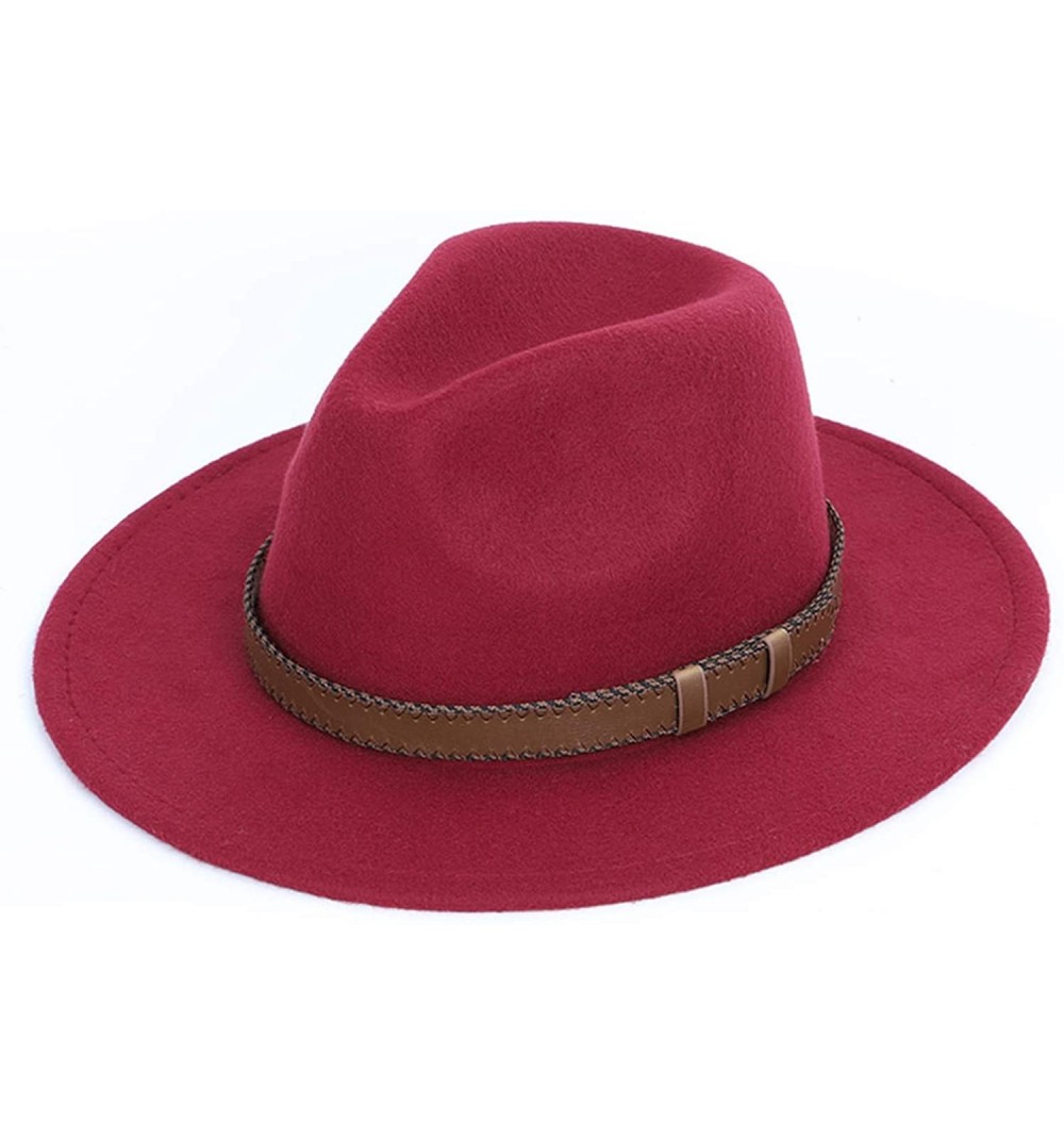 Fedoras Women Men Wide Brim Fedora hat Wool Pork Pie Flat Top Hat Vintage Felt hat Gambler Hat - Wine - C118Q6TTLRO $26.54