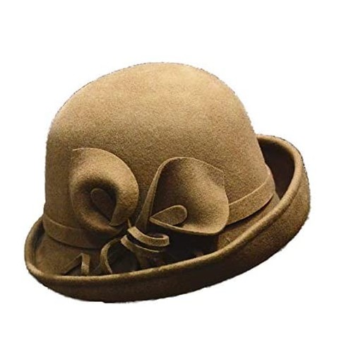 Bucket Hats 100% Wool Felt Cloche Bucket Bowler Hat Wedding Hats Winter Women Church Hats - Camel5 - CN18MCM5LYK $61.29
