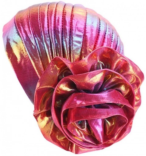 Skullies & Beanies Glitter Laser Flower Turban Colourful Beanie Cap Stretchy Hair Wrap for Women - Rose Red - CM18U4L4WES $7.97