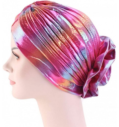 Skullies & Beanies Glitter Laser Flower Turban Colourful Beanie Cap Stretchy Hair Wrap for Women - Rose Red - CM18U4L4WES $7.97