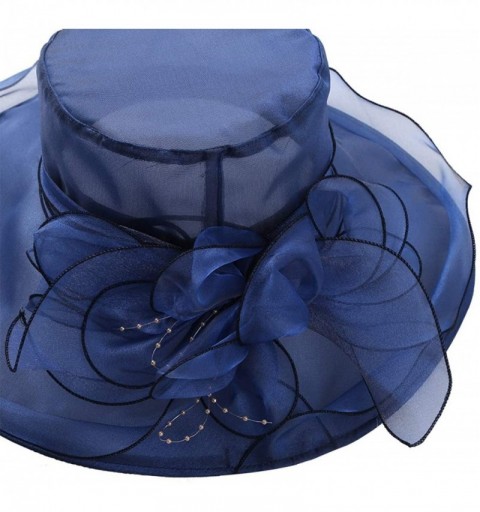 Sun Hats Women Organza Wide Brim Sun Hat with Large Flower Church Party Wedding Cap - Navy Blue B - CN18RO4Y942 $25.15