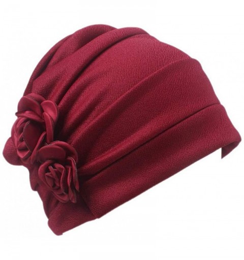 Skullies & Beanies 1Pack / 2Packs Women Flower Elastic Turban Beanie Head Wrap Chemo Cap Hat - Y-wine Red - C718XWT0ZU9 $9.47