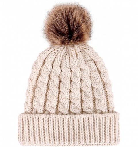 Skullies & Beanies Women's Winter Soft Knit Beanie Hat with Faux Fur Pom Pom - No Fleece Lined_cream - CZ182IUW7YM $14.55