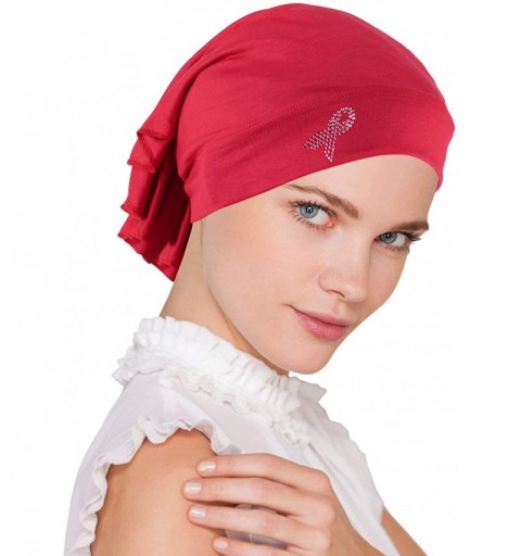 Skullies & Beanies Breast Cancer Awareness Soft Bandana Head Wrap Hat with Pink Ribbon Metallic Rhinestud - 06- Red - CJ18676...
