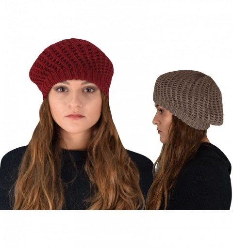Skullies & Beanies Winter Warm Double Layer Crochet Knit Beret Beanie Slouchy Hat - Red Taupe - CB12NH7QS33 $34.51