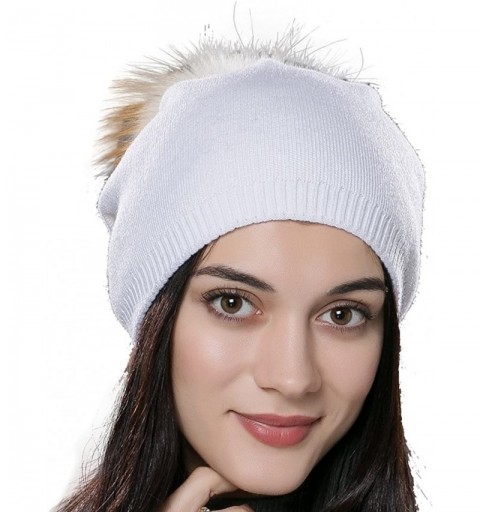 Skullies & Beanies Autumn Unisex Wool Knit Beanie Cap with Fur Ball Pom Pom Winter Hat - White With Fox Fur Pompom - C612MY99...