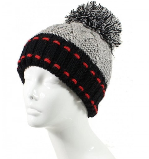 Skullies & Beanies Winter Big Pom Pom Beanie Hat Wool Blend Fleece Lined Color Block 2 Styles - Stitched- Black / Gray - CP12...
