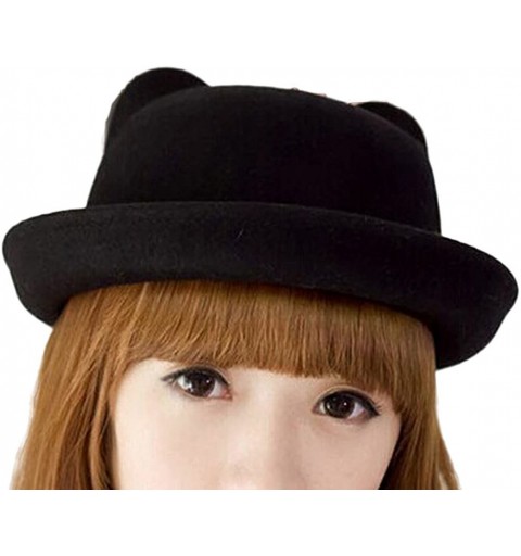 Fedoras Women's Candy Color Wool Rool Up Bowler Derby Cap Cat Ear Hat - Black - CT11NVBQWNB $11.39