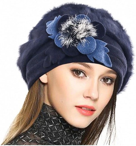 Berets Lady French Beret 100% Wool Beret Floral Dress Beanie Winter Hat - Angola-navy - C712NSNRROD $16.69