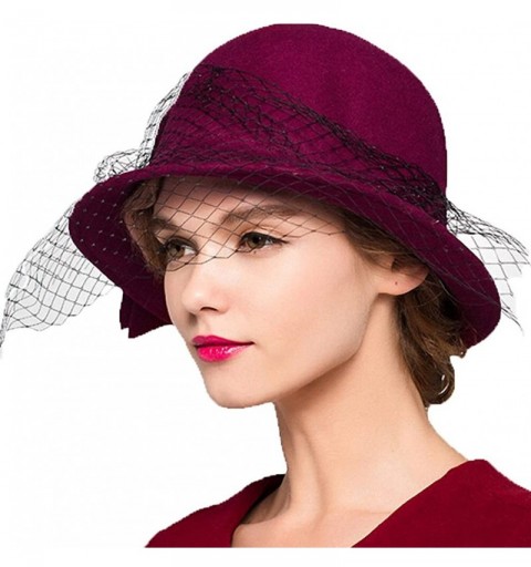 Fedoras Women's Vintage Fedoras Wool Felt Veil Hat - Wine Red - CK128NIYME7 $20.13