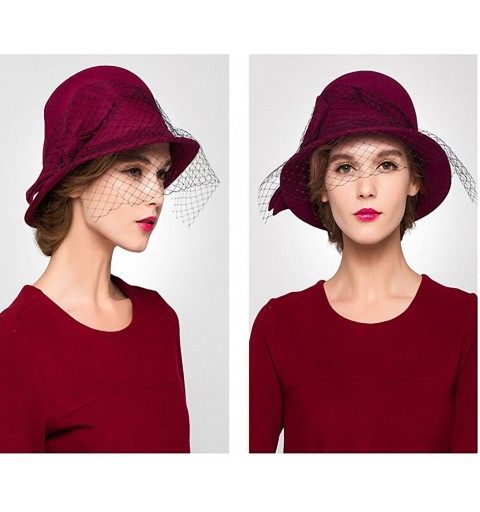 Fedoras Women's Vintage Fedoras Wool Felt Veil Hat - Wine Red - CK128NIYME7 $20.13