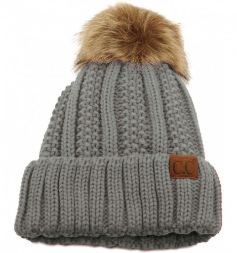 Skullies & Beanies Winter Sherpa Fleeced Lined Chunky Knit Stretch Pom Pom Beanie Hat Cap - Solid Lt. Melange Gray - CS18K2QQ...